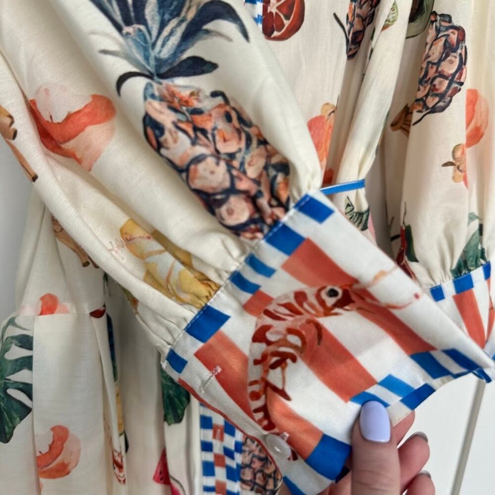 Buelah Fruit Print Midi Dress Button Front Tie Waist Size L - Picture 9 of 16